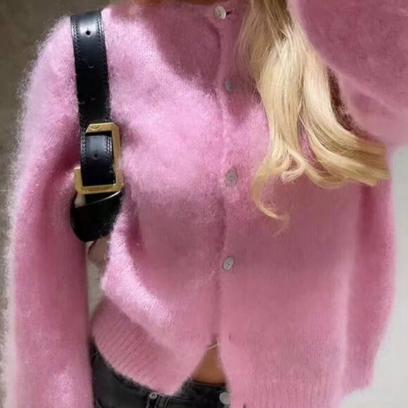 Sweaters - Pink Casual Women's Button Front Long Sleeve Minimalist Cardigan